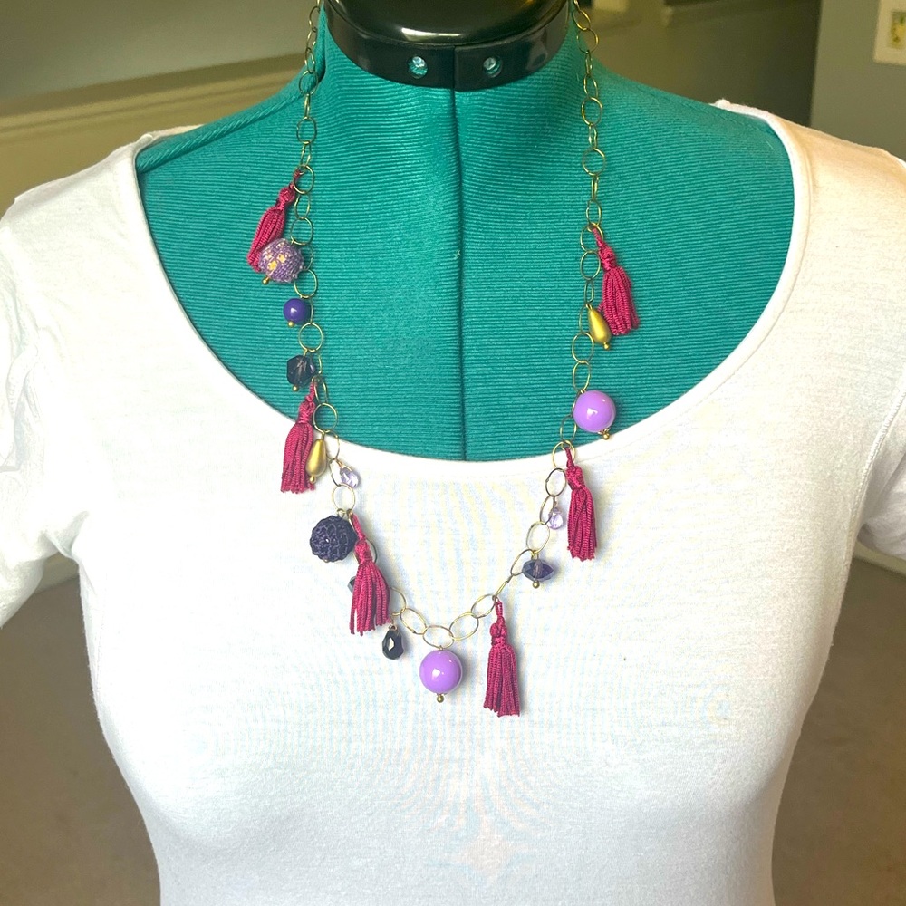 Vintage Anthropologie Necklace with Burgundy Tassels and Purple Beads